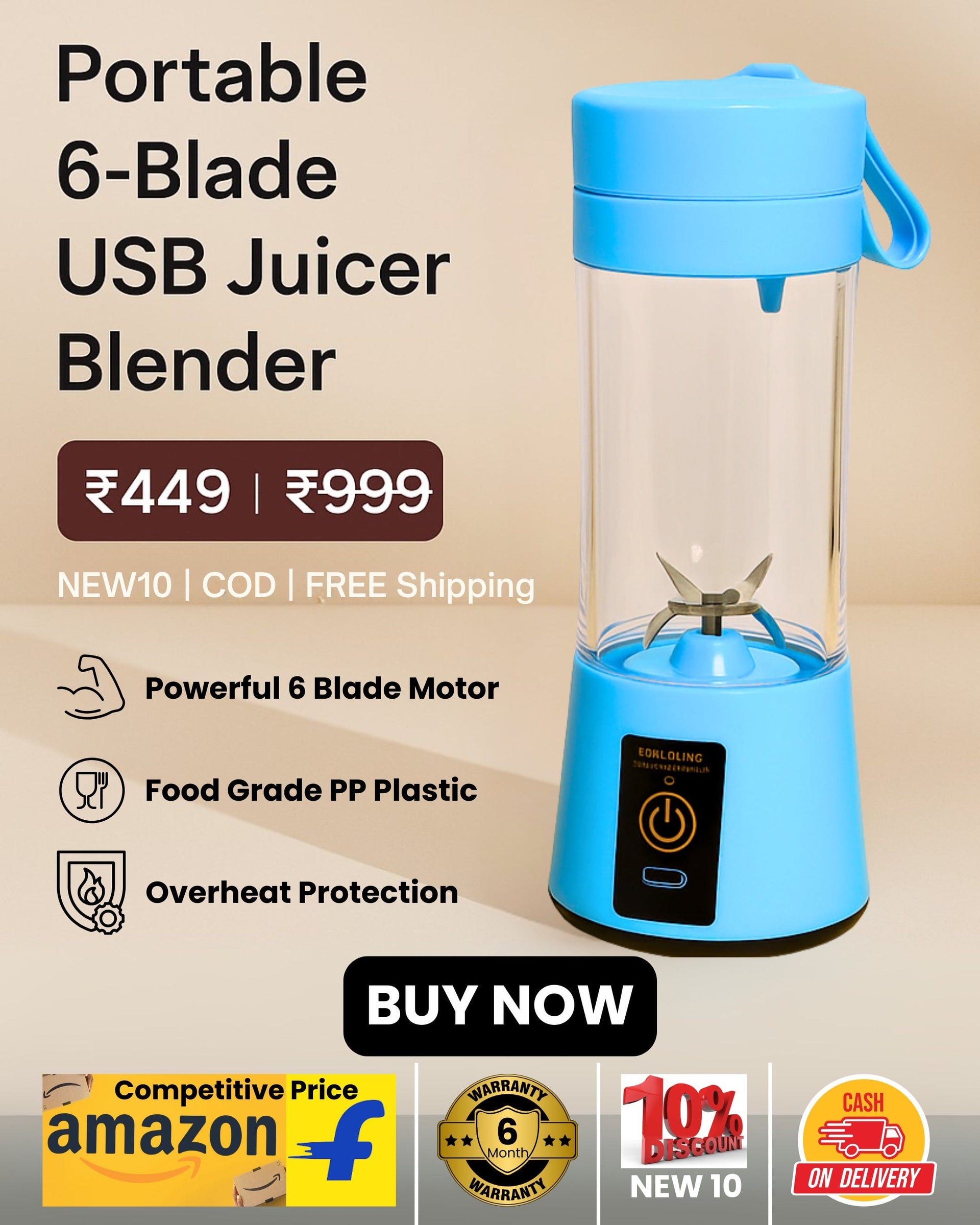 🔋 Portable 6-Blade USB Juicer Blender – Powerful Motor, Rechargeable & Compact