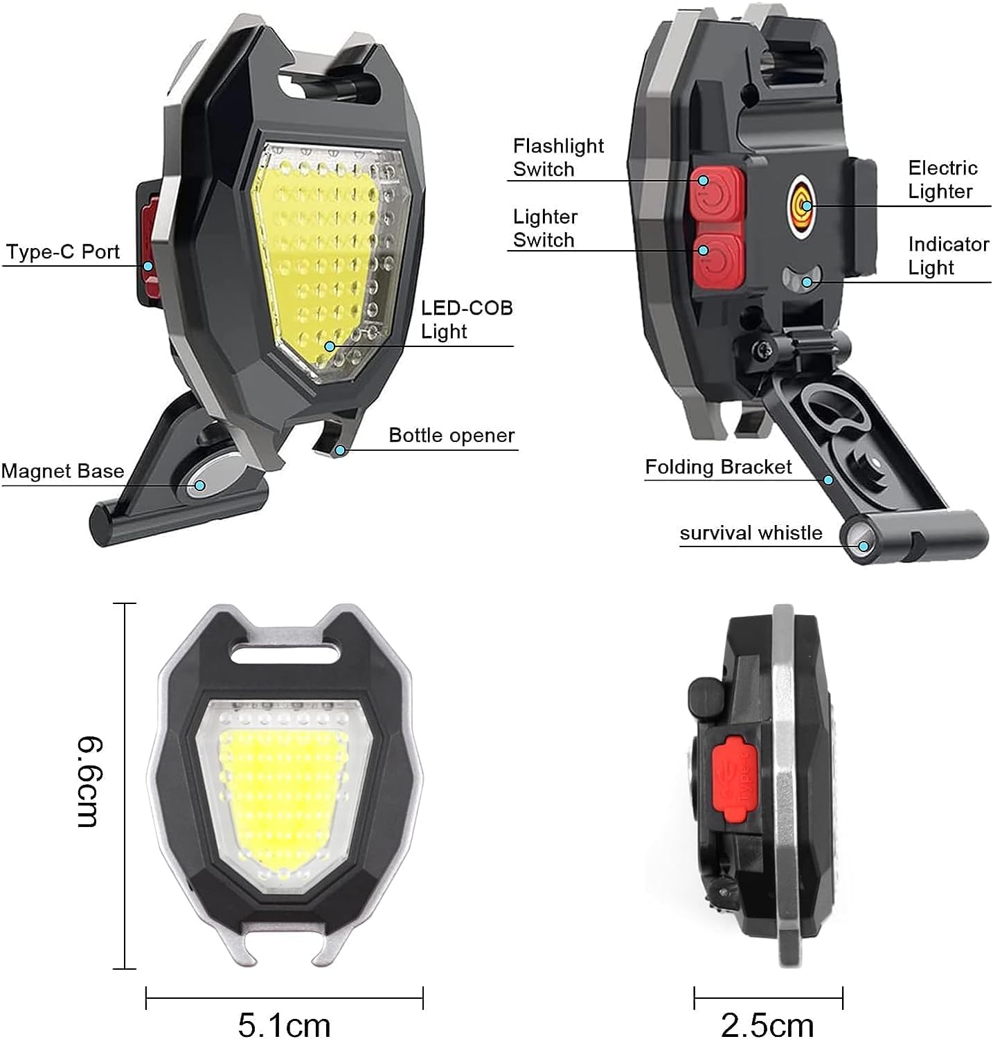 6‑Mode Rechargeable Flashlight with Lighter – Keychain, IPX6 