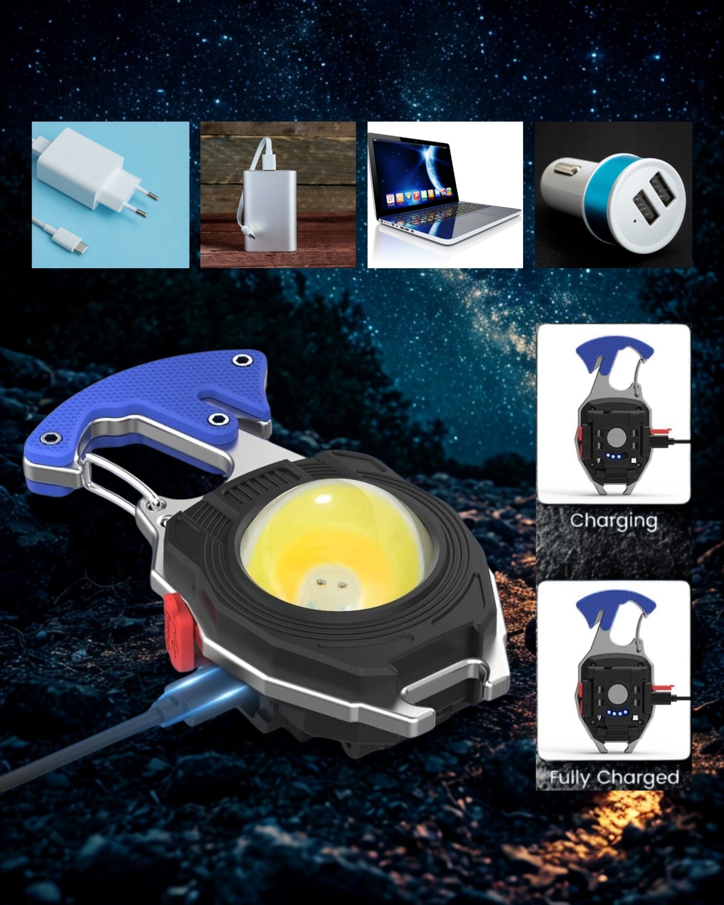 Multipurpose Rechargeable LED Flashlight with Windproof Lighter, Magnetic, Keychain & Waterproof 