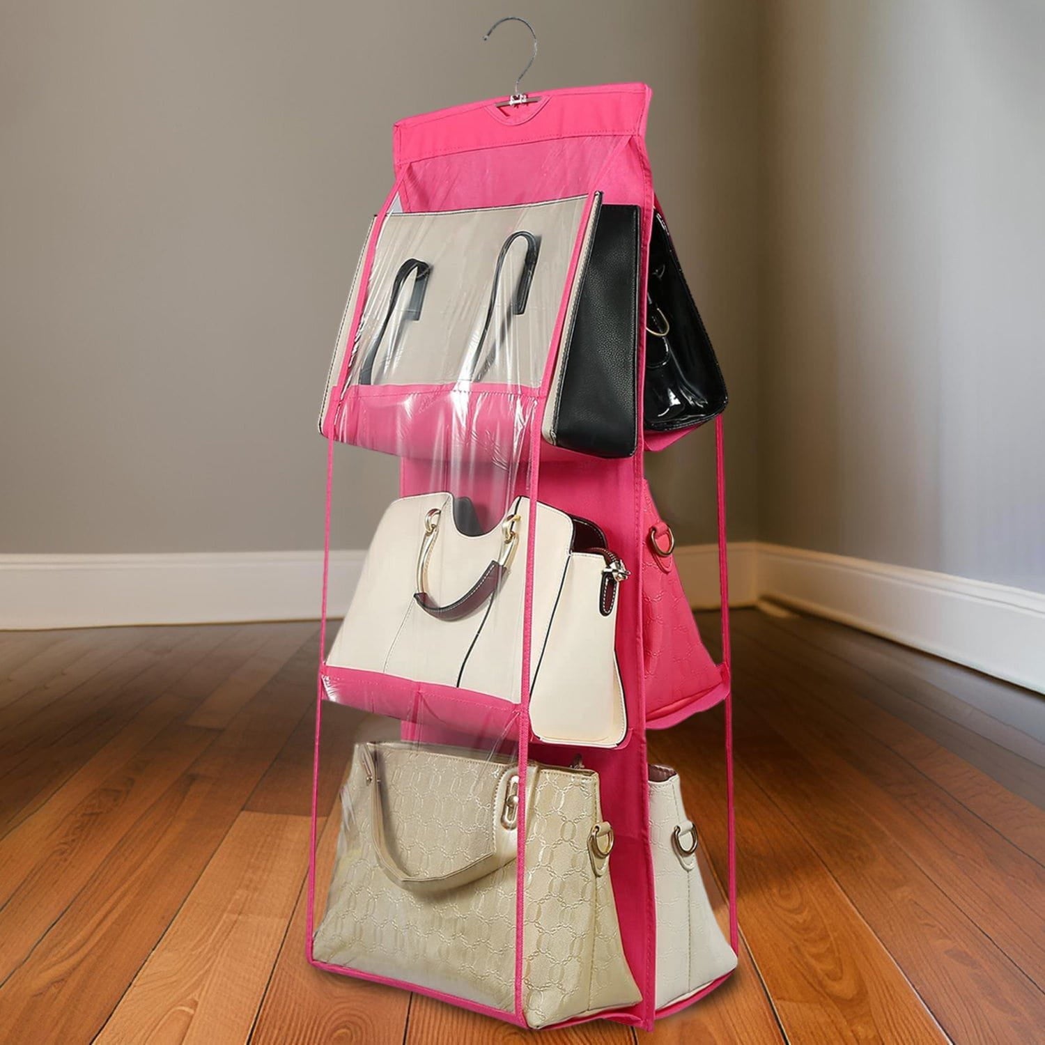 Wukusy Home Improvement 6 Pockets Hanging Purse Handbag Organizer Clear Hanging Shelf Bag (1 Pc)