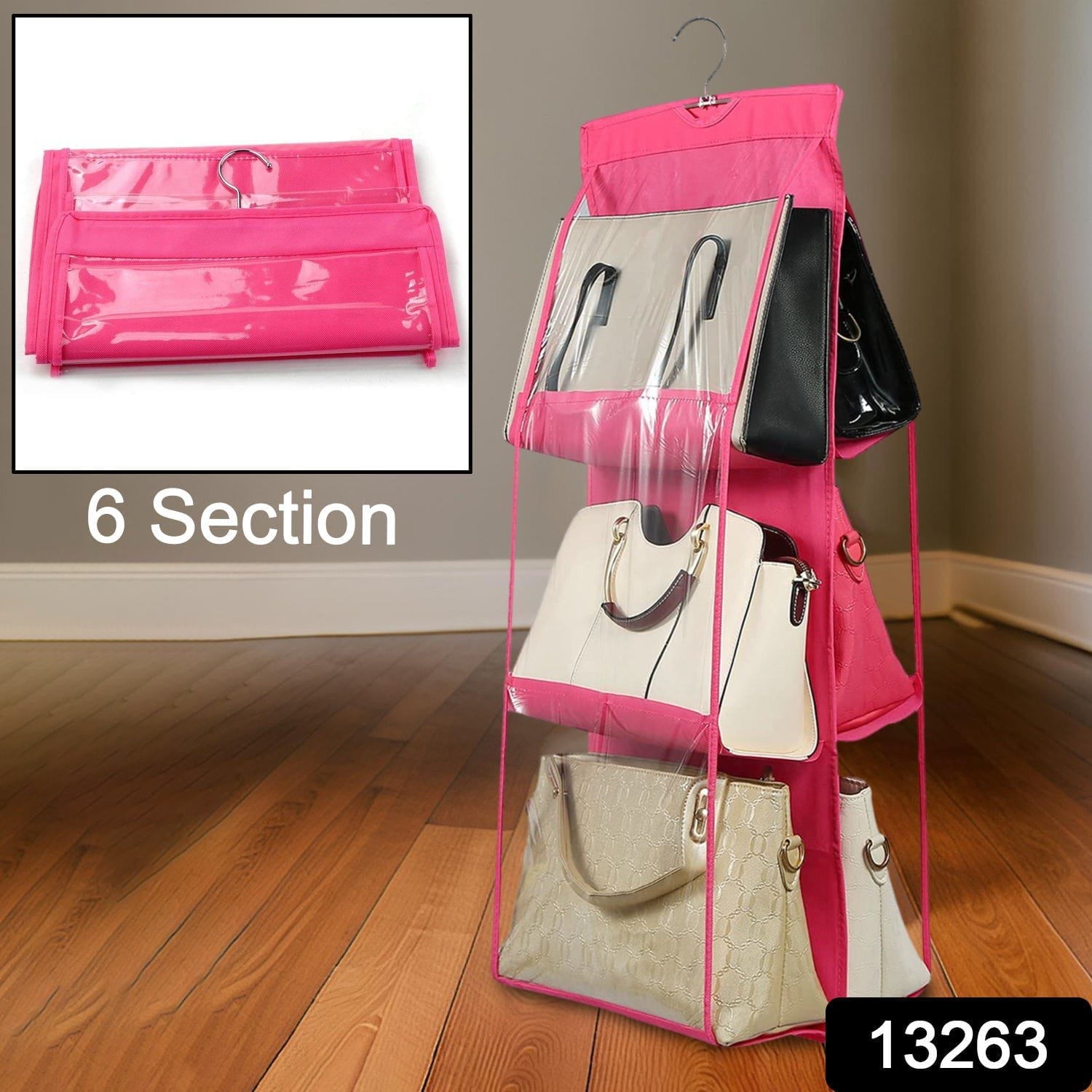 Wukusy Home Improvement 6 Pockets Hanging Purse Handbag Organizer Clear Hanging Shelf Bag (1 Pc)